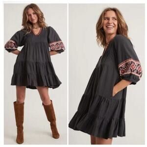 New MARINE LAYER BOHO Grey Embroidery Olema Mini Babydoll Dress Women Large